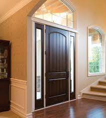 A door with two windows and a glass pane on the side.